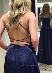 A Line Square Neckline Spaghetti Straps Long Floor Length Charmeuse Prom Dress With Split