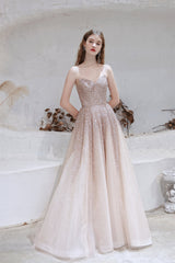A Line Strapless Beading Tulle Court Train Prom Dresses