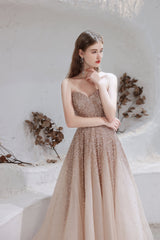A Line Strapless Beading Tulle Court Train Prom Dresses