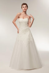 A Line Strapless Ivory Lace Floor Length Wedding Dresses