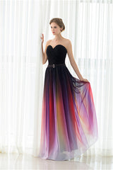 A Line Strapless Sleeveless Colorful Chiffon Floor Length Prom Dresses With Belt