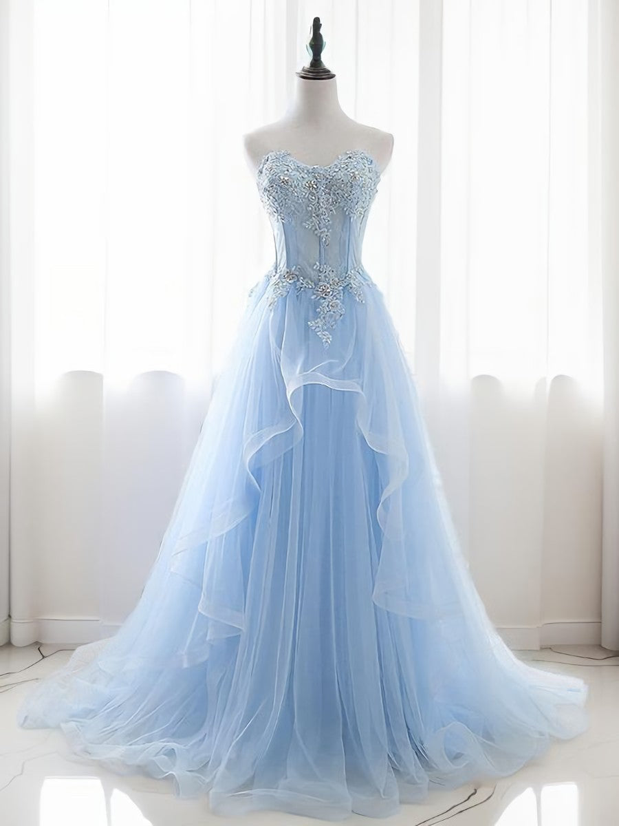A-line Sweetheart Appliques Lace Sweep Train Tulle Dress