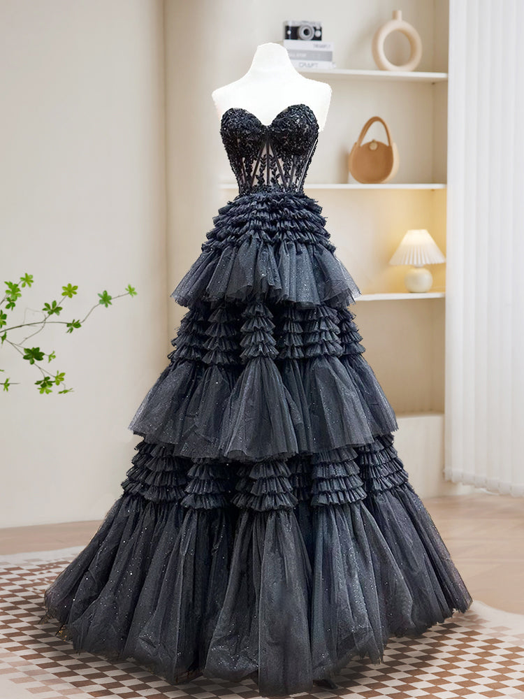 A-Line Sweetheart Neck Lace Black Long Prom Dress, Black Formal Dress