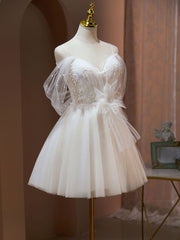 A Line Sweetheart Neck Tulle Lace Beige Short Prom Dress,  Puffy Cute Homecoming Dress