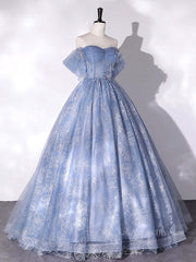 A-Line Sweetheart Neck Tulle Lace Long Prom Dress, Blue Sweet 16 Dress