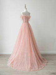 A-Line Sweetheart Neck Tulle Lace Pink Long Prom Dress, Pink Formal Dress