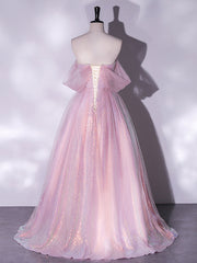 A-Line Sweetheart Neck Tulle Sequin Pink Long Prom Dress, Pink Tulle Formal Dress