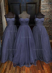 A Line Sweetheart Spaghetti Straps Long Floor Length Glitter Prom Dress With Pockets