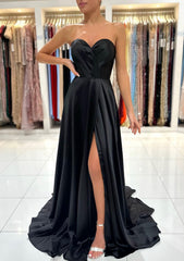A Line Sweetheart Strapless Sweep Train Charmeuse Prom Dress With Pleated Split