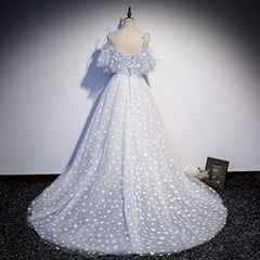A-line Tulle Blue Off Shoulder Prom Dresses, Long Evening Dresses Party Dresses