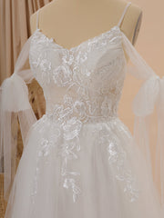 A-line Tulle Cold Shoulder Appliques Lace Chapel Train Wedding Dress
