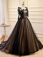 A-Line Tulle Lace Black Long Prom Dress, Black Formal Evening Dresses