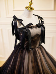 A-Line Tulle Lace Black Long Prom Dress, Black Formal Evening Dresses