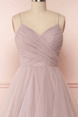 A-Line Tulle Layers Long Formal Dress, Cute V-Neck Evening Party Dress