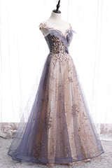 A-Line Tulle Long Prom Dress with Sequins, Cute Scoop Neckline Evening Dress