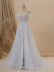 A-line Tulle Off-the-Shoulder Appliques Lace Cathedral Train Corset Wedding Dress