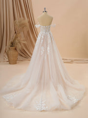 A-line Tulle Off-the-Shoulder Appliques Lace Cathedral Train Wedding Dress