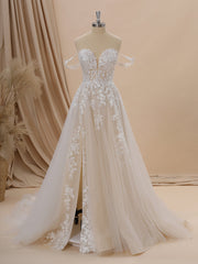 A-line Tulle Off-the-Shoulder Appliques Lace Chapel Train Wedding Dress