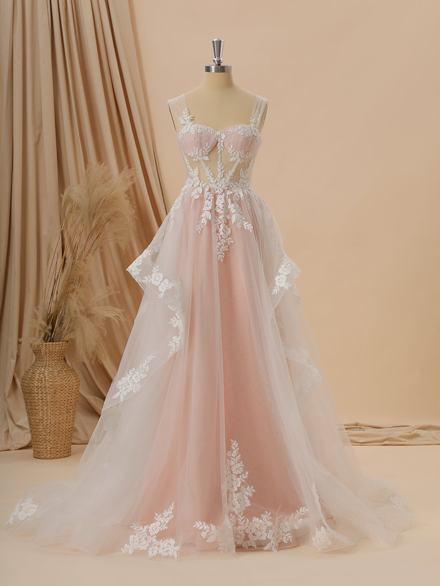 A-line Tulle Straps Appliques Lace Chapel Train Corset Wedding Dress