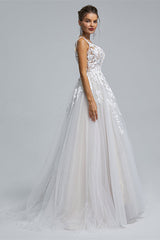 A-Line Tulle V-Neck Lace Beaded Flower Wedding Dresses