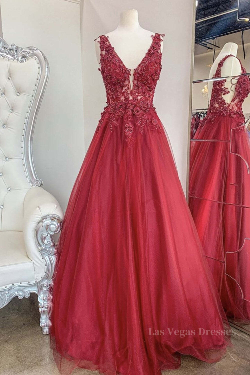 A Line V Neck and V Back Red Lace Floral Long Prom Dress, Open Back 3D Flowers Red Lace Formal Evening Dress