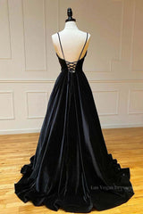 A Line V Neck Backless Black Velvet Long Prom Dresses, V Neck Black Formal Dresses, Black Velvet Evening Dresses