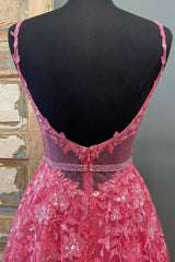 A Line V Neck Beaded Hot Pink Lace Long Prom Dress, Hot Pink Lace Formal Graduation Evening Dress