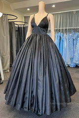 A Line V Neck Black Satin Long Prom Dress with Pocket, V Neck Black Formal Graduation Evening Dress