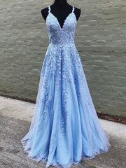 A Line V Neck Light Blue Lace Prom Dresses, V Neck Light Blue Lace Formal Evening Dresses