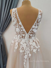 A Line V Neck Long Champagne Lace Wedding Dresses, Champagne Lace Long Formal Prom Dresses