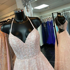 A Line V Neck Open Back Pink Lace Long Prom Dress, Pink Lace Formal Graduation Evening Dress