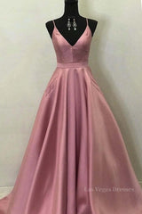 A Line V Neck Open Back Pink Satin Long Prom Dresses, Open Back Pink Formal Graduation Evening Dresses
