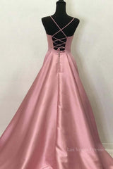 A Line V Neck Open Back Pink Satin Long Prom Dresses, Open Back Pink Formal Graduation Evening Dresses