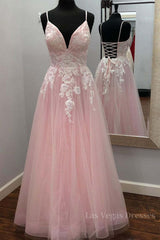 A Line V Neck Pink Lace Floral Long Prom Dress, Pink Lace Formal Dress, Pink Evening Dress