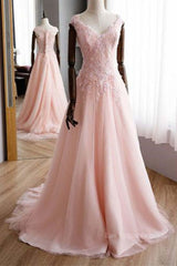 A Line V Neck Pink Lace Long Prom Dresses, Pink Lace Formal Graduation Evening Dresses