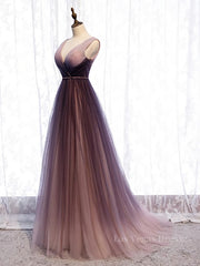 A Line V Neck Purple Ombre Prom Dresses, V Neck Purple Ombre Formal Evening Bridesmaid Dresses