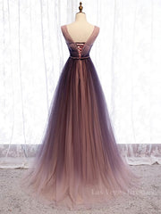 A Line V Neck Purple Ombre Prom Dresses, V Neck Purple Ombre Formal Evening Bridesmaid Dresses