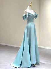A-Line V Neck Satin Blue Long Prom Dress, Blue Formal Evening Dresses