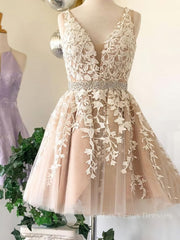 A Line V Neck Short Champagne Lace Wedding Dresses, Short Champagne Lace Formal Prom Dresses
