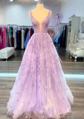 A Line V Neck Sleeveless Long Floor Length Lace Prom Dress With Beading
