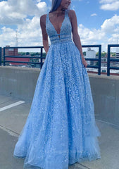 A Line V Neck Sleeveless Long Floor Length Lace Tulle Prom Dress With Beading Sequins