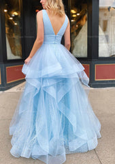 A Line V Neck Sleeveless Long Floor Length Tulle Glitter Prom Dress With Pleated