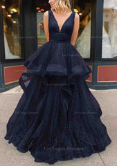 A Line V Neck Sleeveless Long Floor Length Tulle Glitter Prom Dress With Pleated