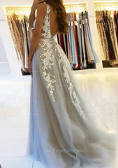 A Line V Neck Sleeveless Sweep Train Tulle Prom Dress With Beading Lace