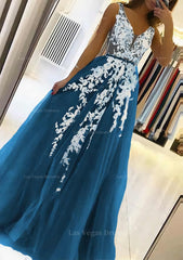 A Line V Neck Sleeveless Sweep Train Tulle Prom Dress With Beading Lace