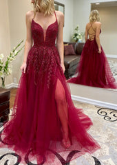 A Line V Neck Spaghetti Straps Chapel Train Tulle Prom Dress With Split Appliqued