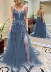A Line V Neck Spaghetti Straps Chapel Train Tulle Prom Dress With Split Appliqued