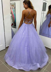 A Line V Neck Spaghetti Straps Long Floor Length Glitter Prom Dress With Pockets