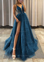 A Line V Neck Spaghetti Straps Long Floor Length Tulle Prom Dress With Appliqued Glitter Split Left