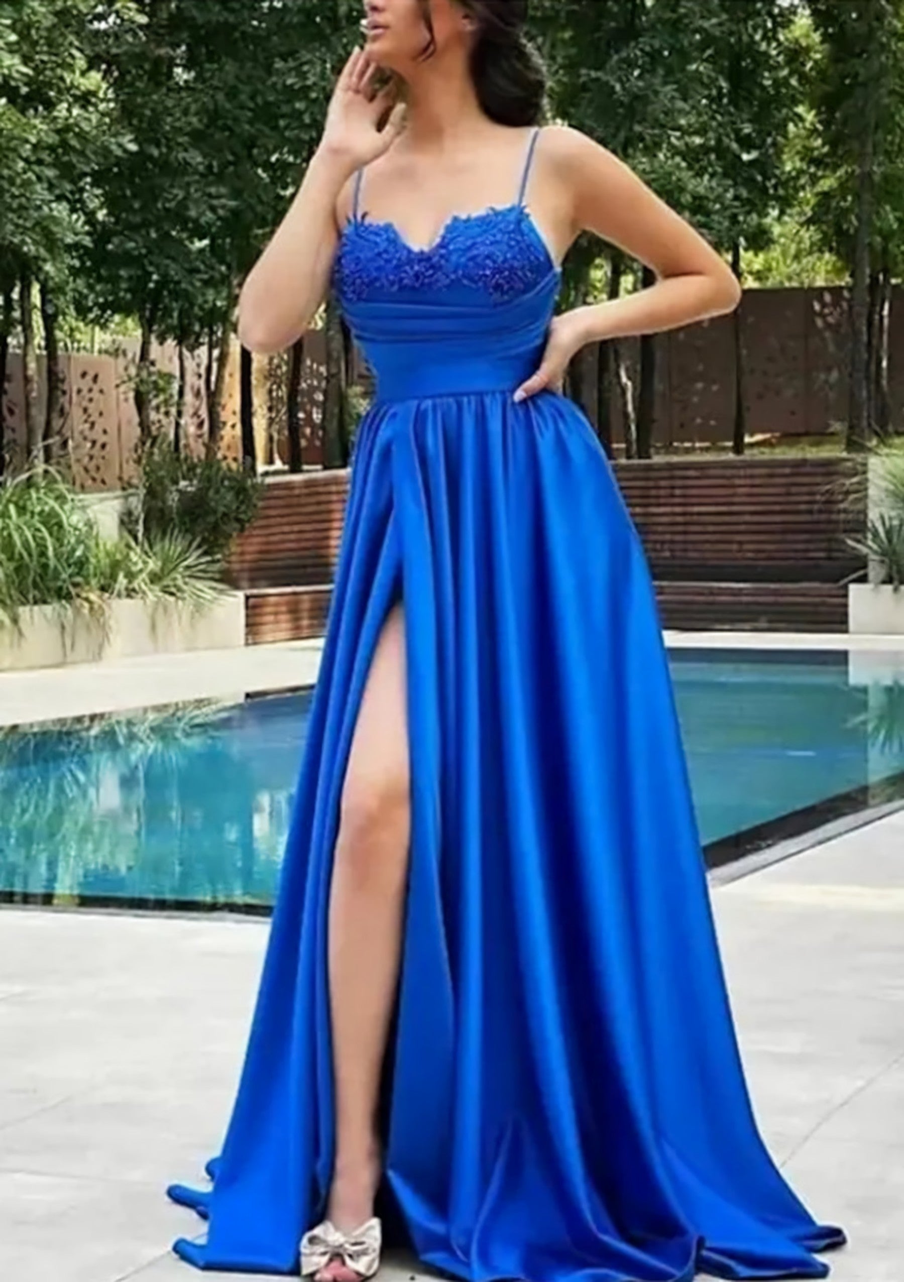 A Line V Neck Spaghetti Straps Sweep Train Satin Prom Dress With Appliqued Beading Pleated Split